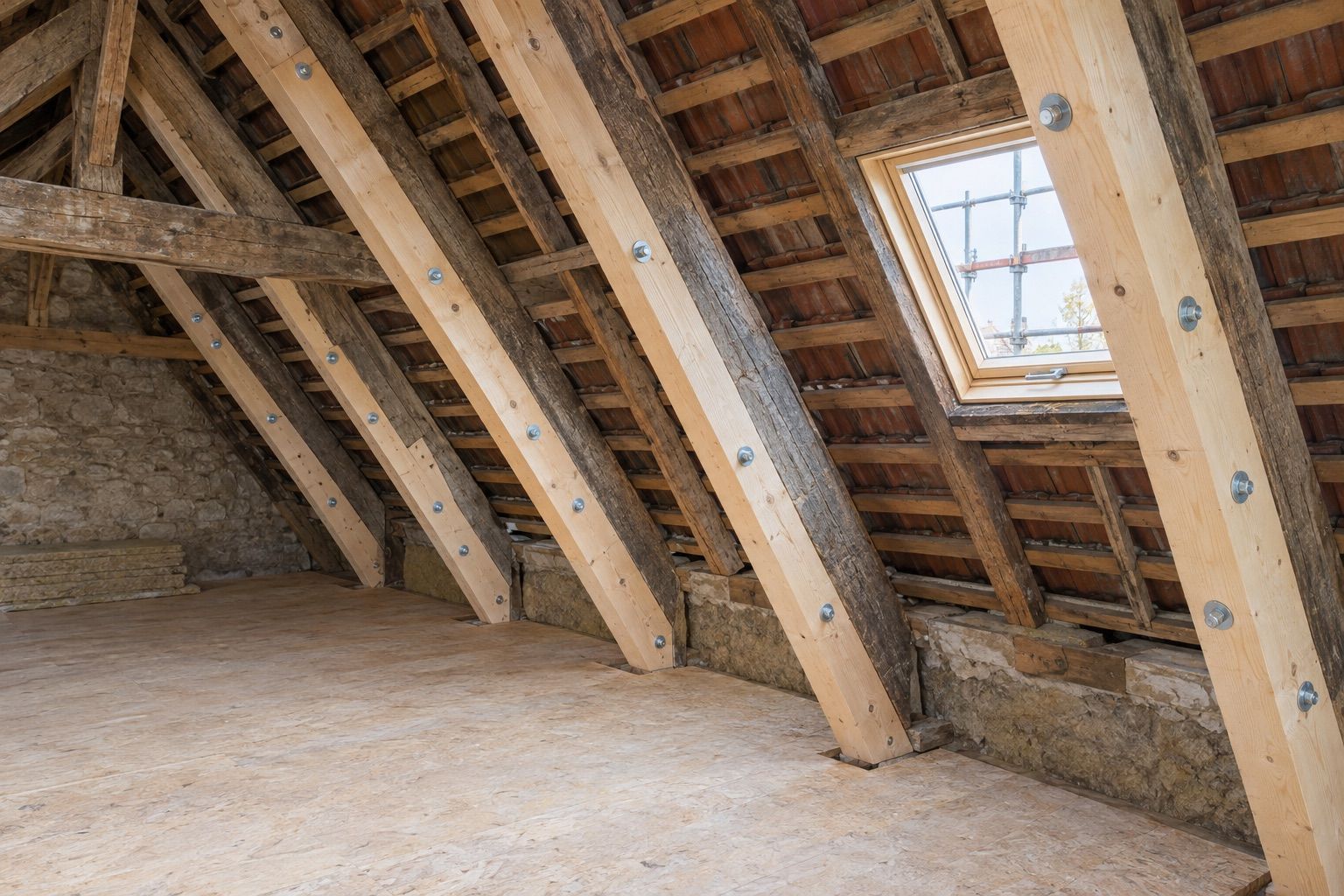 Renforts neufs en bois boulonnés aux anciens chevrons dans des combles, sans personne.