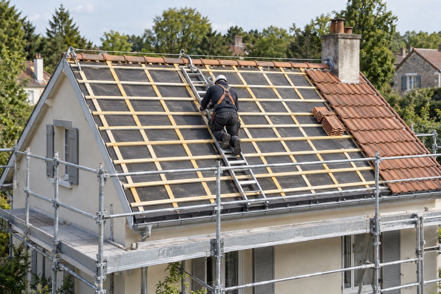 Liteaux neufs, écran sous-toiture, couvreur attaché à une ligne de vie, échafaudage avec garde-corps.