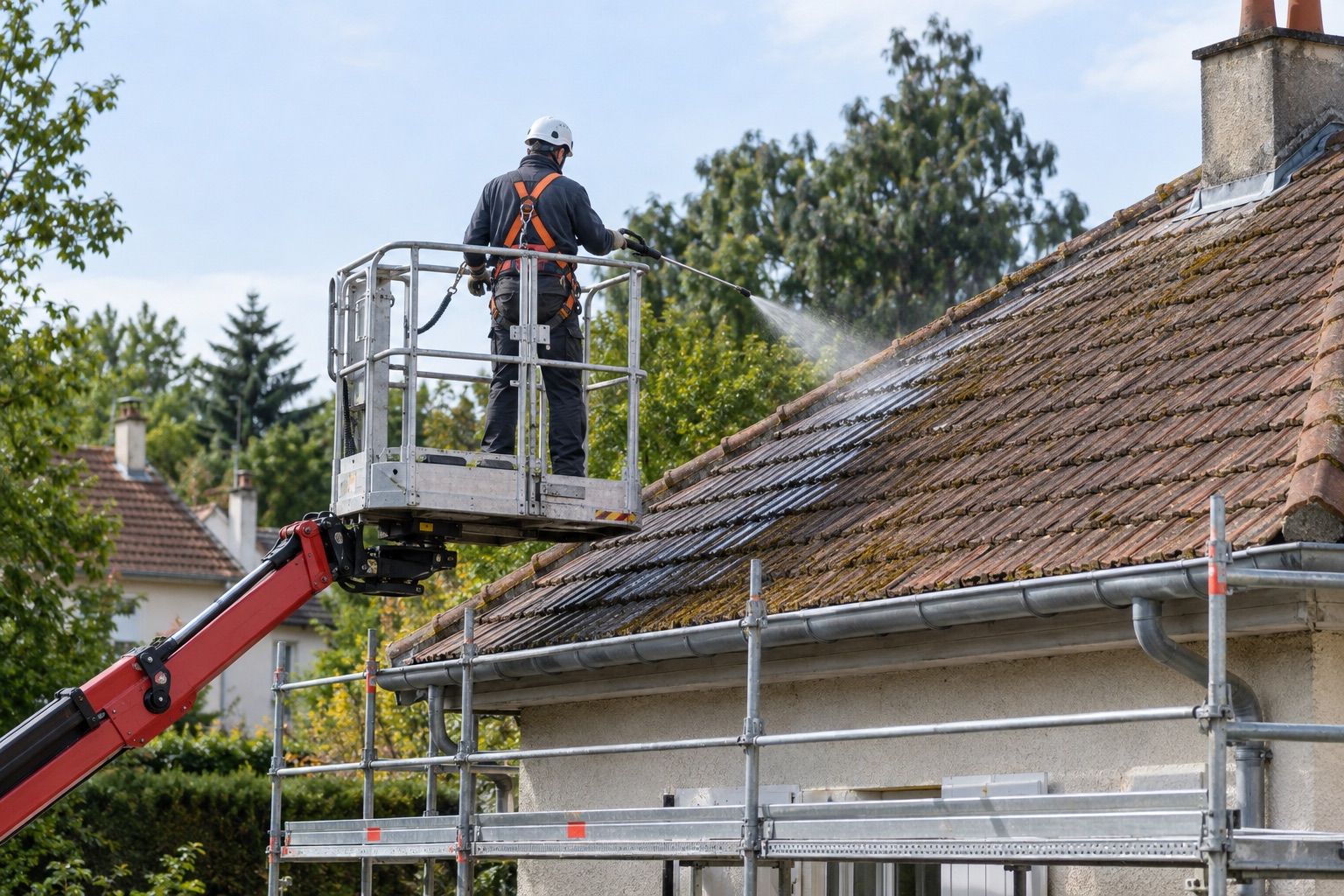 Ouvrier pulvérisant un antimousse à basse pression depuis une nacelle avec garde-corps, harnais fixé à celle-ci.