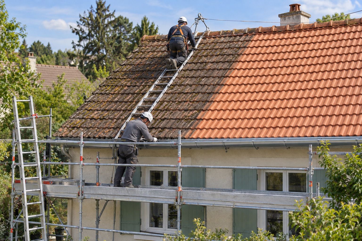 Toiture partiellement rénovée, tuiles anciennes à gauche et neuves à droite, échafaudage avec garde-corps.